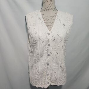 Vintage Gina Peters White/Cream Knit Crochet Sweater Vest Petite Large. RN 63015